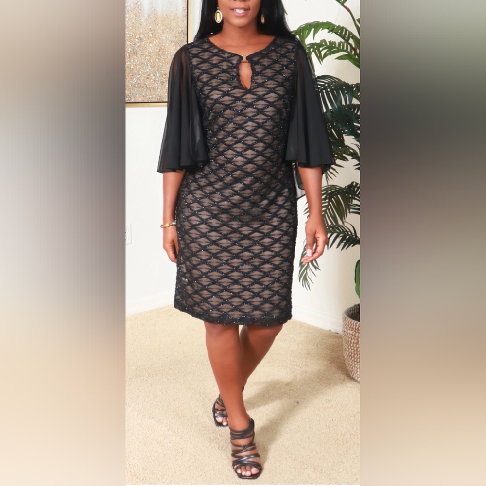 Connected Apparel Elegant Black  Dress. Chiffon Fabric Over Arms. Like New